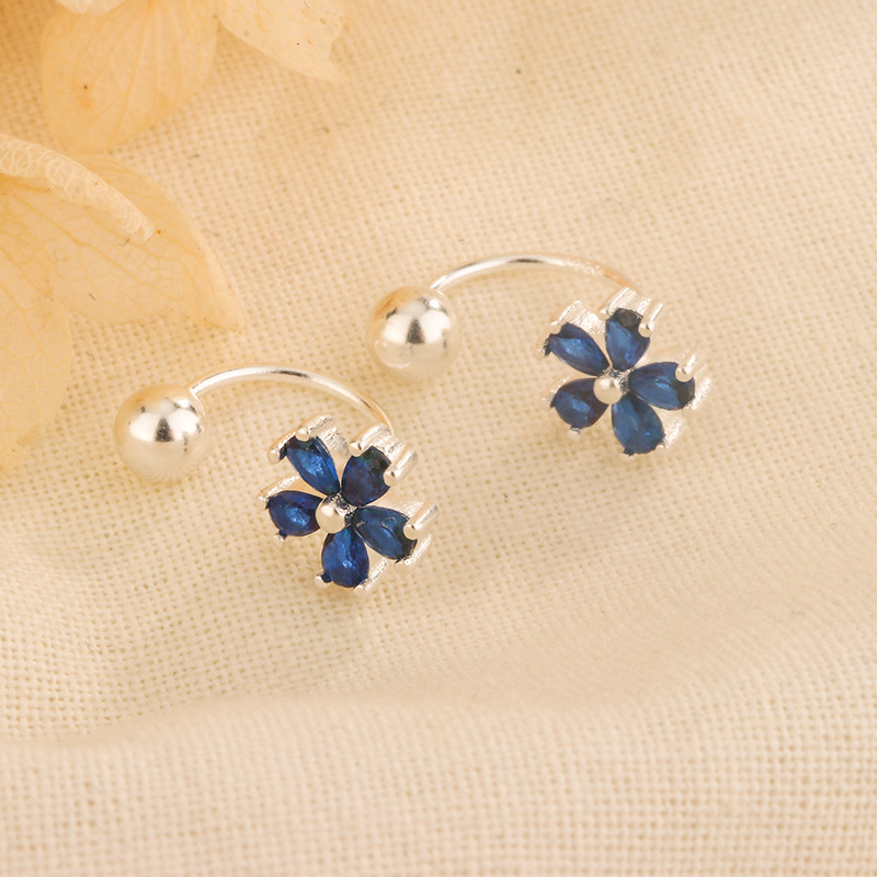 藍色鋯石花朵彎鈎螺紋擰扣耳環氣質小眾高級感耳釘2024新款耳飾潮