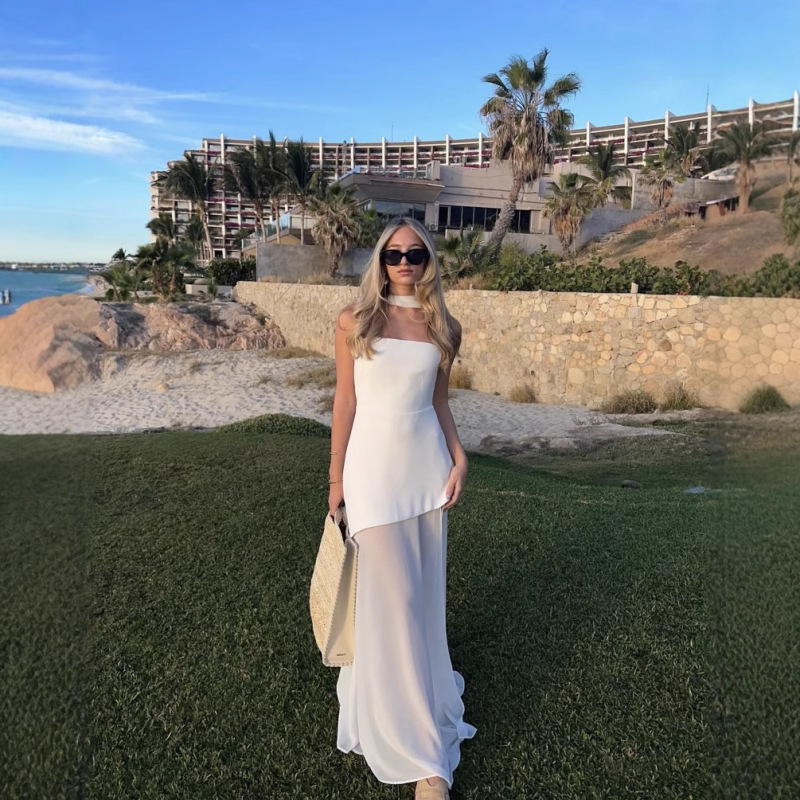 New Style Slit Dress with a Holiday Socialite Vibe, Slim Fit, Mesh Patchwork, Strapless, Off-The-Shoulder, Sleeveless Dress