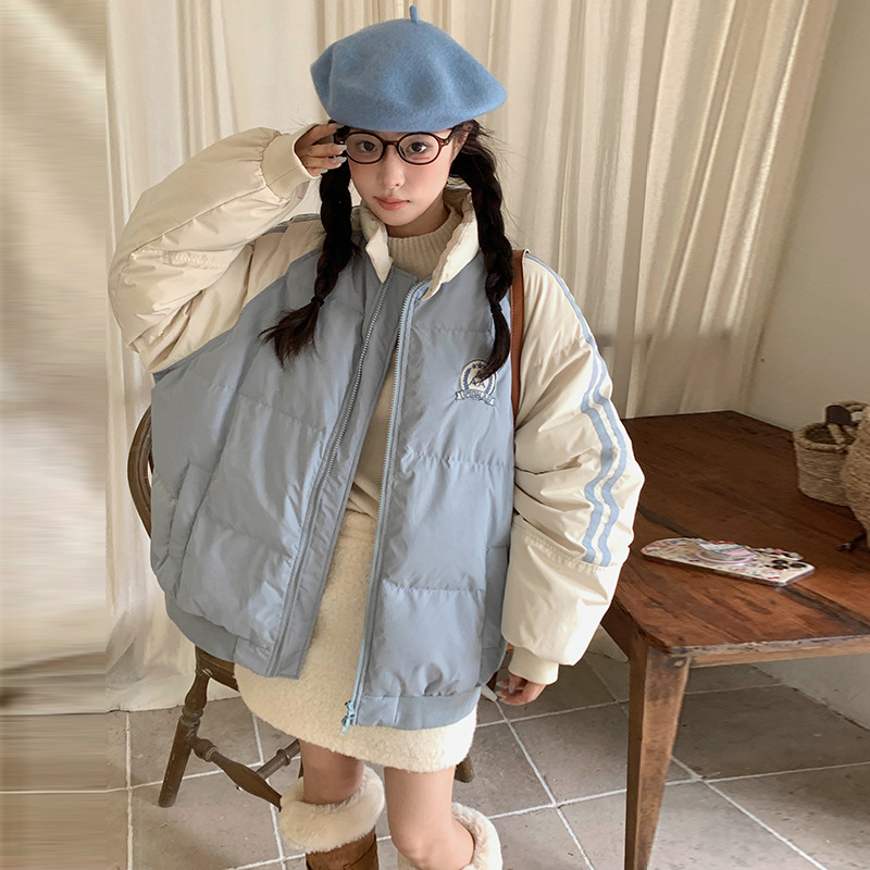 2025 transfronterizo este invierno nuevo hip-hop retro bordado marcado color de algodón pareja abrigo caliente americano suelto