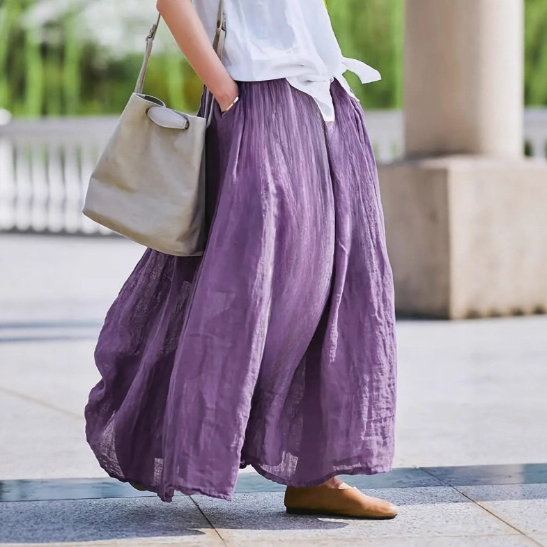 Women's Lavender Purple Vintage Style Long Skirt - Breathable Polyester, Loose Fit with Pockets, Spring