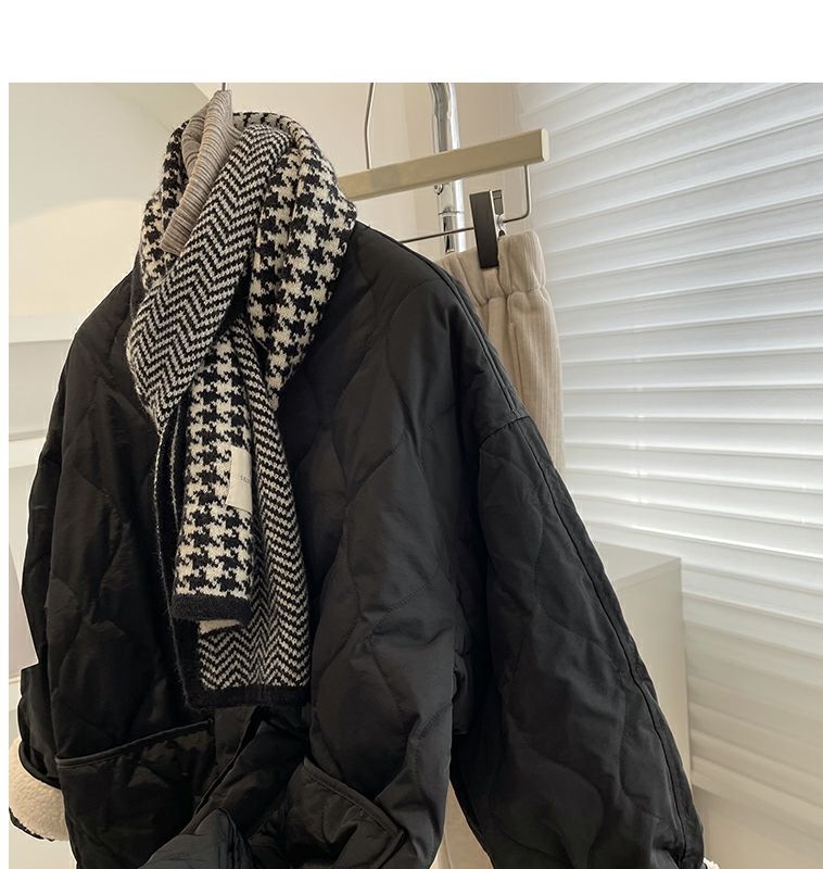 Collarless lamb wool splicing light and thin winter Korean version loose small fragrant dia plaid warm cotton jacket_voghion.com