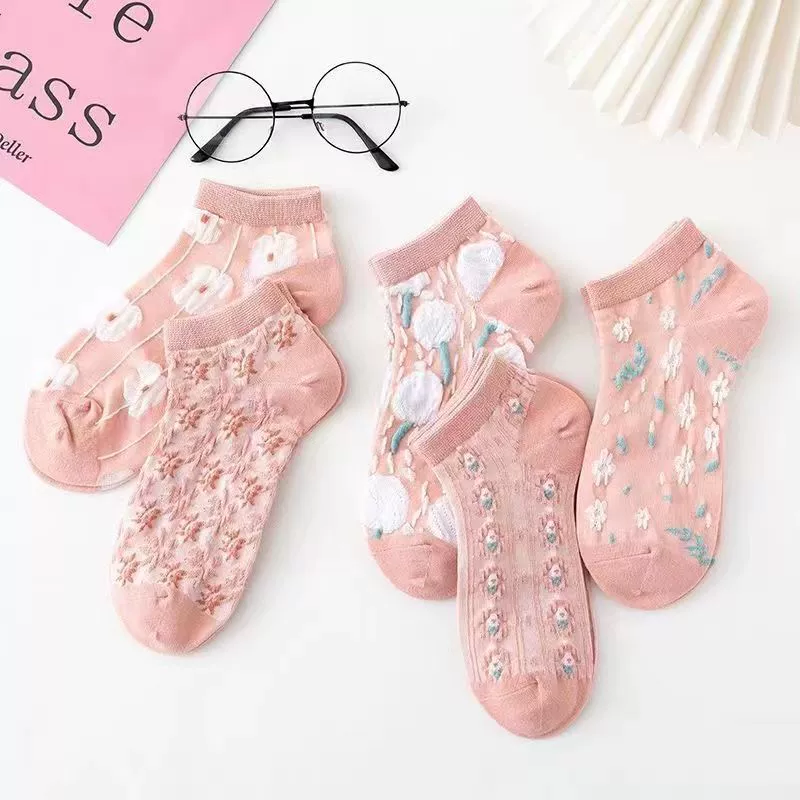Носки Женские весенне-летние милые цветочные носки-лодочки Симпатичные короткие носки в японском стиле в студенческом стиле для девочек Розовые невидимые носки с цветочным принтом из хлопка