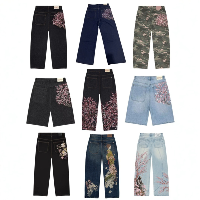 Derschutze Foreign Trade Cross-Border European and American Retro Cherry Blossom Embroidery Heavy-Duty Fashion Street Style Trendy Brand Jeans Wholesale Derschutze Foreign Trade Cross-Border European and American Retro Cherry Blossom Embroidery Heavy-Duty Fashion Street Style Trendy Brand Jeans Wholesale