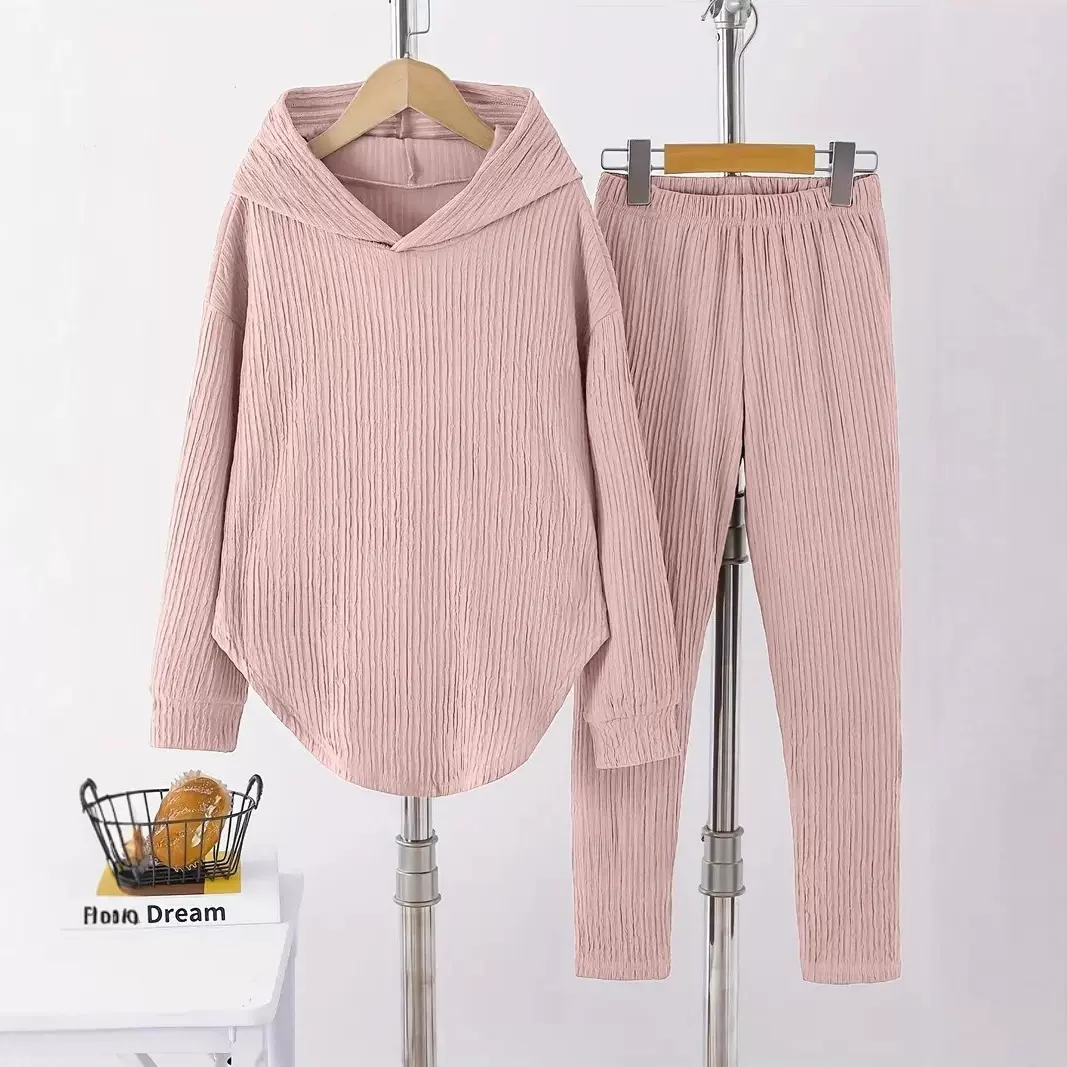 2025欧美跨境秋冬时尚休闲套装女士纯色家居服长袖长裤连帽两件套