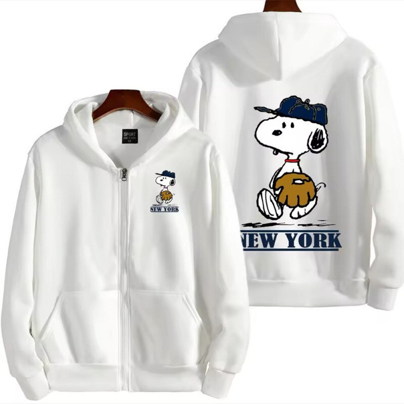 White Snoopy printed zip-up hoodie, unisex American casual cardigan White Snoopy printed zip-up hoodie, unisex American casual cardigan