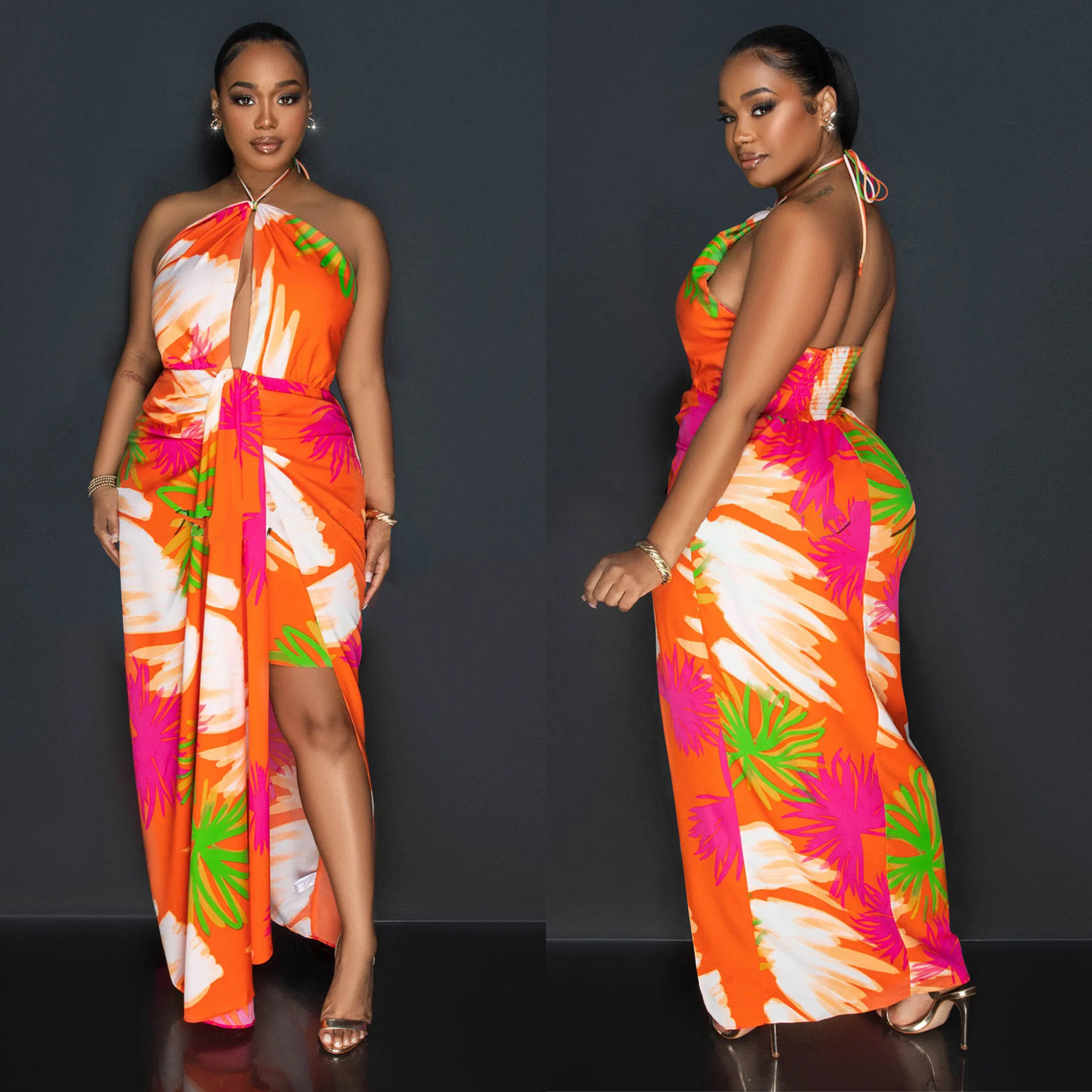 C6921 Aliexpress transfronterizo Amazon estación independiente de moda europea y americana ropa de mujer de espalda descubierta correa impresa vestido largo