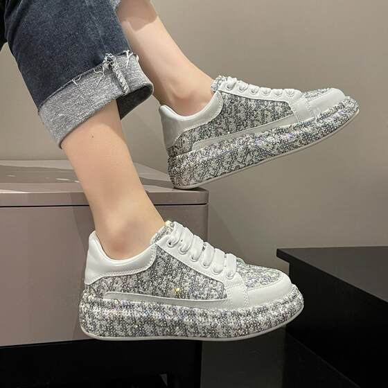 McQueen Women's Shoes 2023 Spring New Full Diamond Platform Shoes Women's Thick-soled Printed Embroidered Rhinestone Casual Sports Sneakers
