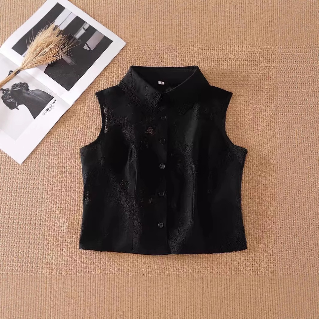 2025 New Summer Commuter Versatile Simple Waistcoat Vest Women's French Fashion Elegant Polo Collar Lace Shirt