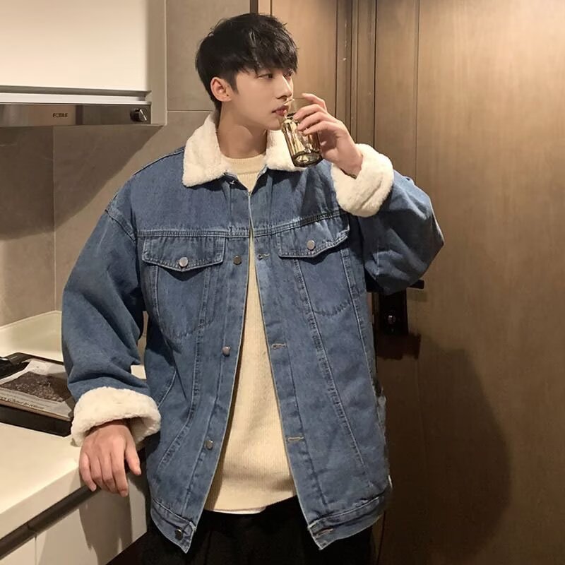American Denim Jacket Men's Lamb Velvet Spring and Summer Fleece-Lined Thickeneded Warm Cotton Jacket Loose and Handsome Korean Style Trendyy Jacket