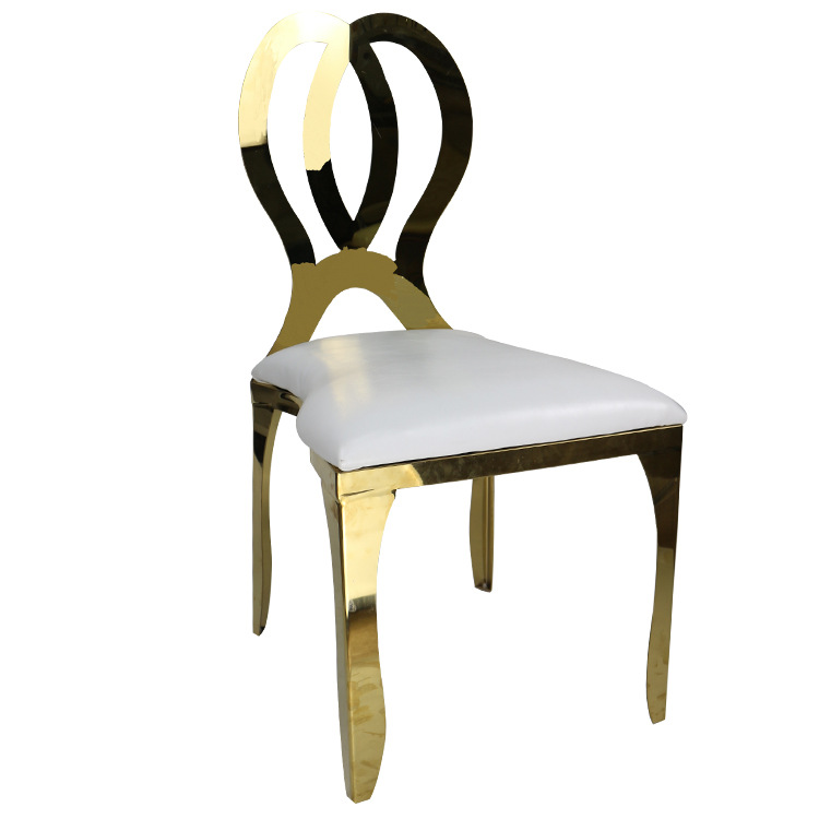 Fábrica al por mayor Hotel banquete boda comedor silla boda galvanoplastia Silla de acero inoxidable Bolsa De Oro suave Silla de comedor de cuero