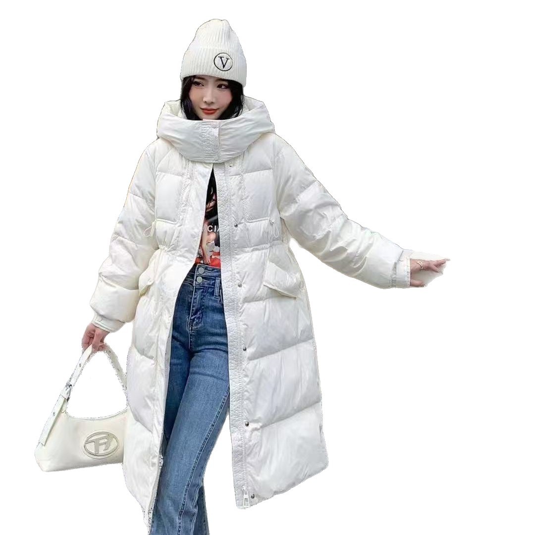 Giacca bianca in piumino da donna lunga sopra il ginocchio, abbigliamento invernale, nuova giacca in piumino, giacca spessa_voghion.com