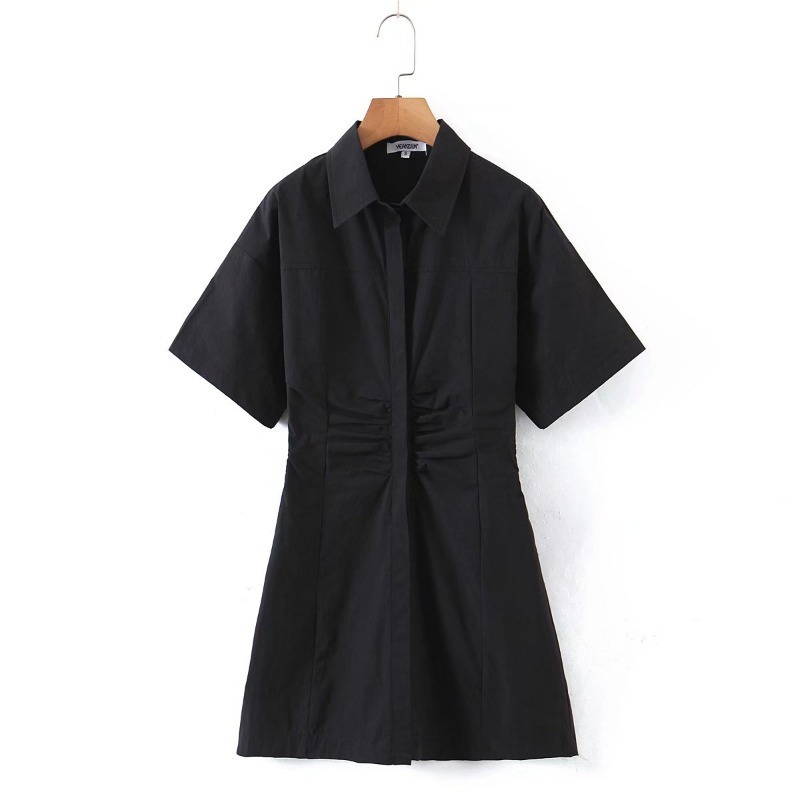 Single Breasted solid color short sleeve Lapel Waist shirt Dress NSXDX120870