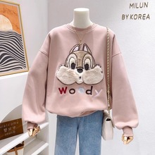大码胖mm韩国时尚立体卡通刺绣宽松大码套头衫加绒加厚卫衣女冬季