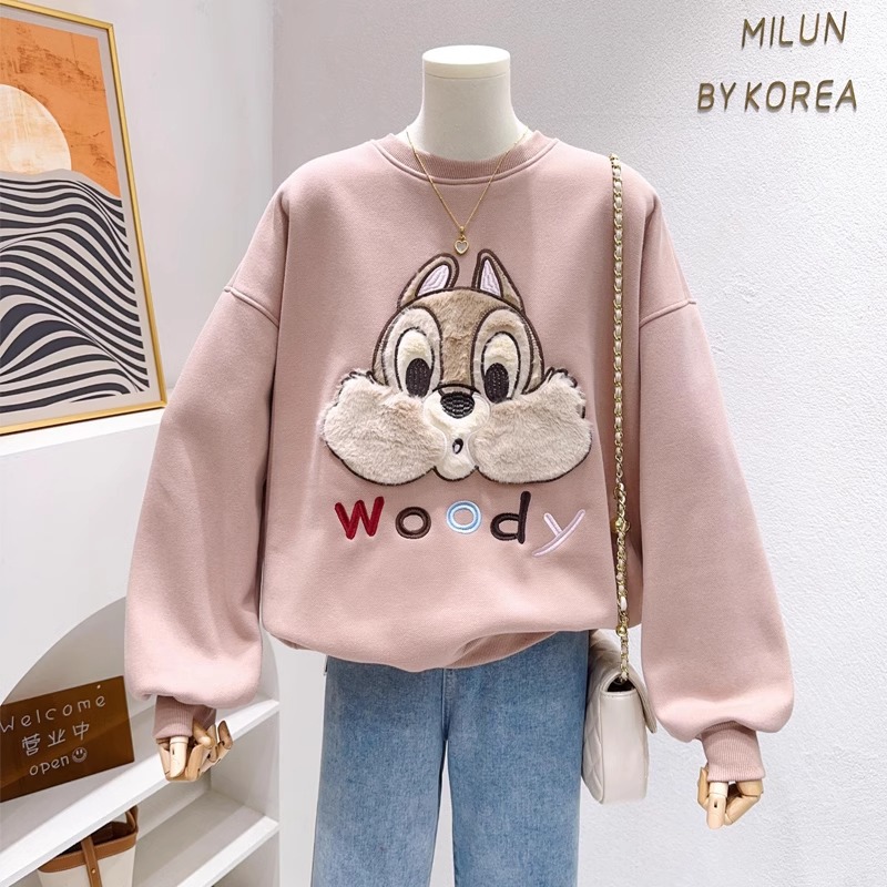 大码胖mm韩国时尚立体卡通刺绣宽松大码套头衫加绒加厚卫衣女冬季