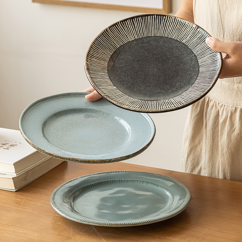 Una colección grande de platos de 8 pulgadas atractivos y prácticos, platos de cerámica retro, platos de dim sum, vajilla redonda para el hogar