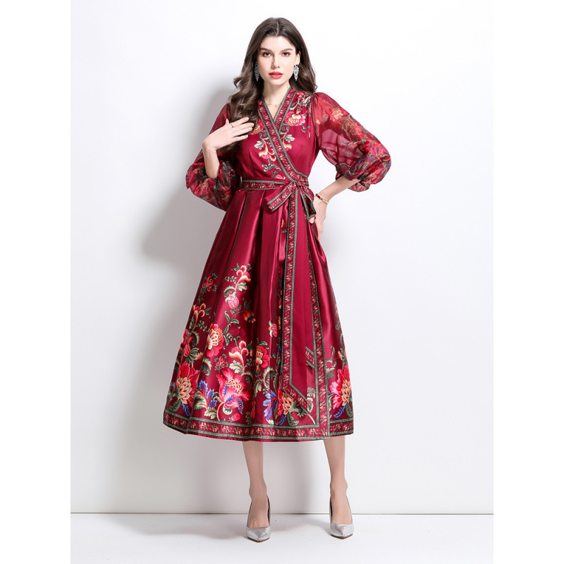 GRETA 2025 Spring New V-neck Ethnic Print Satin Wrap Long dress
