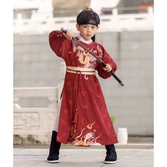 新型子供漢服2025春秋タイプの男性子供服の火羽雲帰中国風明製丸首の子供服の唐服