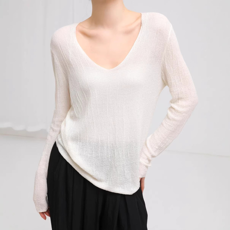 No Returns or Exchanges! Early Spring V-Neck Wool Texture Base Knit Top, Slightly Sheer, Versatile, Long-Sleeved, Thin Style No Returns or Exchanges! Early Spring V-Neck Wool Texture Base Knit Top, Slightly Sheer, Versatile, Long-Sleeved, Thin Style