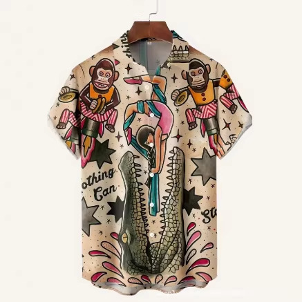 Men's Summer Anime Crocodile and Gorilla Print Casual Short Sleeve 2026 Hawaiian Shirt