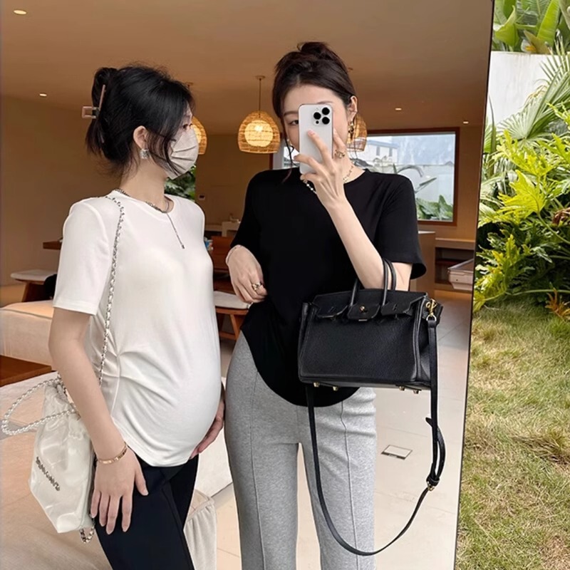 Maternity T-Shirt Summer Modal Curved Hem Round Neck Short Sleeve 2026 Style Age-Reducing White Top Elastic Base Shirt Maternity T-Shirt Summer Modal Curved Hem Round Neck Short Sleeve 2026 Style Age-Reducing White Top Elastic Base Shirt