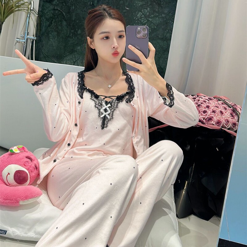 Autumn and Winter New Style Island Velvet with Breast Pad Pajamas Women's Three-Piece Set Sexy Pure Lust Style Fleece-Lined Home Clothes Princess Style