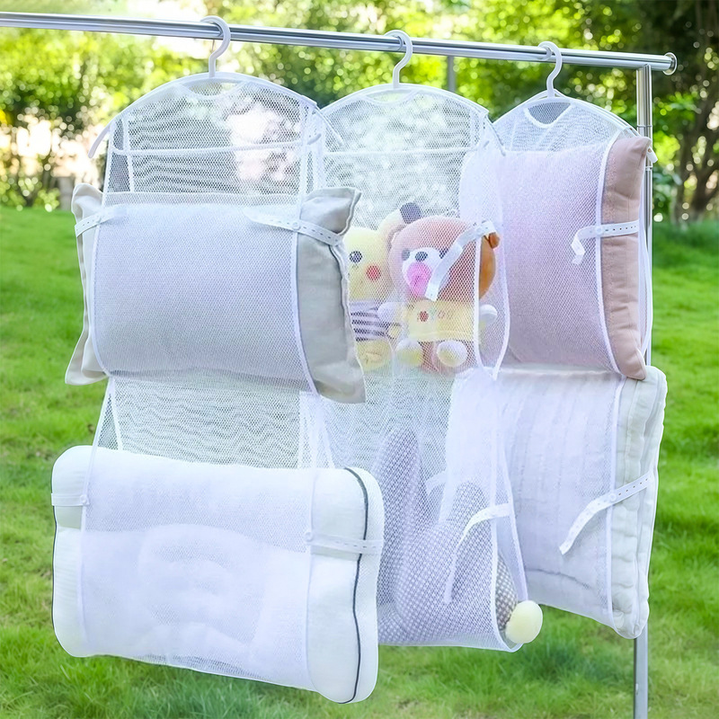 Household pillow drying rack, balcony windproof clothes hanger, multifunctional pillow and toy foldable drying net bag