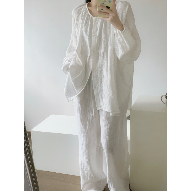 Double-Layer Cotton Gauze Korean Style Casual White Pure Cotton Pajamas for Women Spring and Autumn New Long-Sleeved Long Pants Home Wear Set Trendy