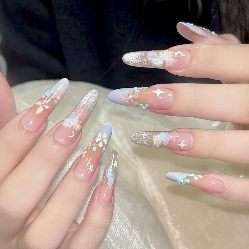 Nai Garden Wearable Nails Adult Summer Ins Handmade Manicure Finished Sweet Flower Fake Nails Ice Transparent Whitening