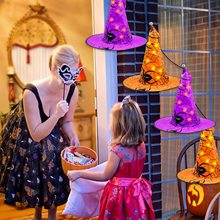 亚马逊 跨境帽子蜘蛛烫金巫婆帽 万圣节装饰帽子 发光LED女巫帽