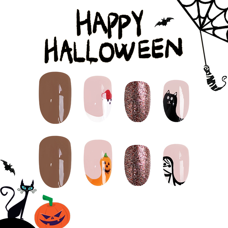 Cute Oval False Nails Almond Pumpkin Ghost Nail Art Set 24pcs_voghion.com