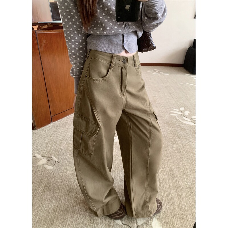 实拍~美式复古弯刀工装裤女韩版高腰宽松阔腿休闲拖地裤长裤88694|undefined