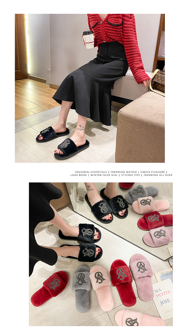 Utrikeshandel Nya Rhinestone Fleece Tofflor Dam S Inomhus Hem Ljus Diamant Varmt Mode Öppen bomull Cross Border_voghion.com