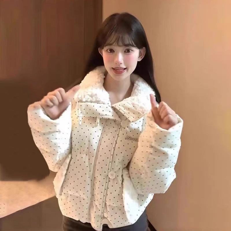美式复古设计感小众波点棉服上衣女冬季甜美可爱保宽松显瘦外套