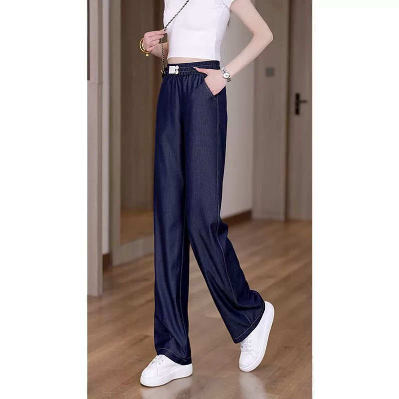 Лето 2025 новая эластическая тонкая высокая талия дикая тенденция свободные повседневные джинсовые прямые брюки для женщин