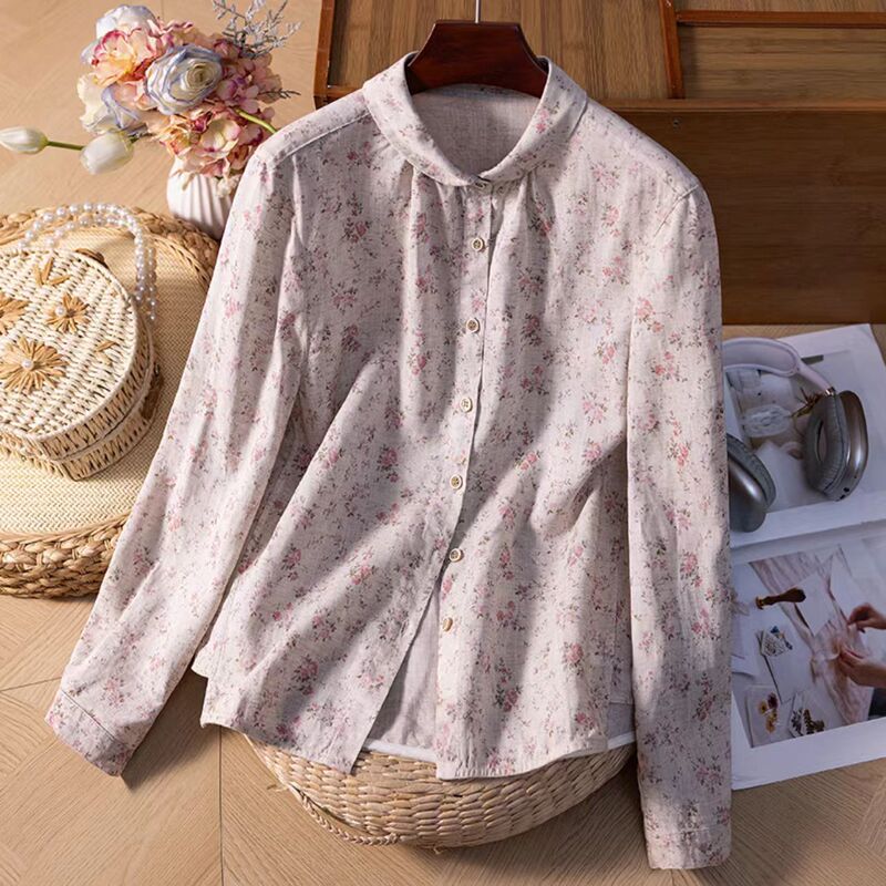 New Floral Pink Artistic Shirt with a Turn-Down Collar, Casual Long-Sleeve Shirt, Cute and Youthful Style That Never Gets Old
