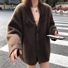 浣熊绒咖啡色毛衣外套春秋复古日系宽松慵懒风中长款针织开衫上衣