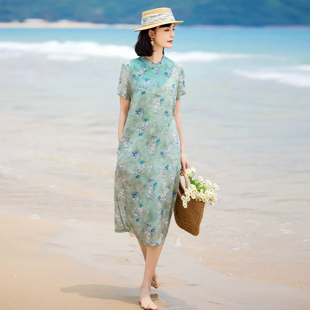 2023夏季新款苎麻印花改良旗袍复古小个子立领短袖国风文艺连衣裙