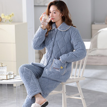 瑷芬腾三层加厚夹棉冬季睡衣女珊瑚绒夹棉保暖加绒棉袄家居服套装