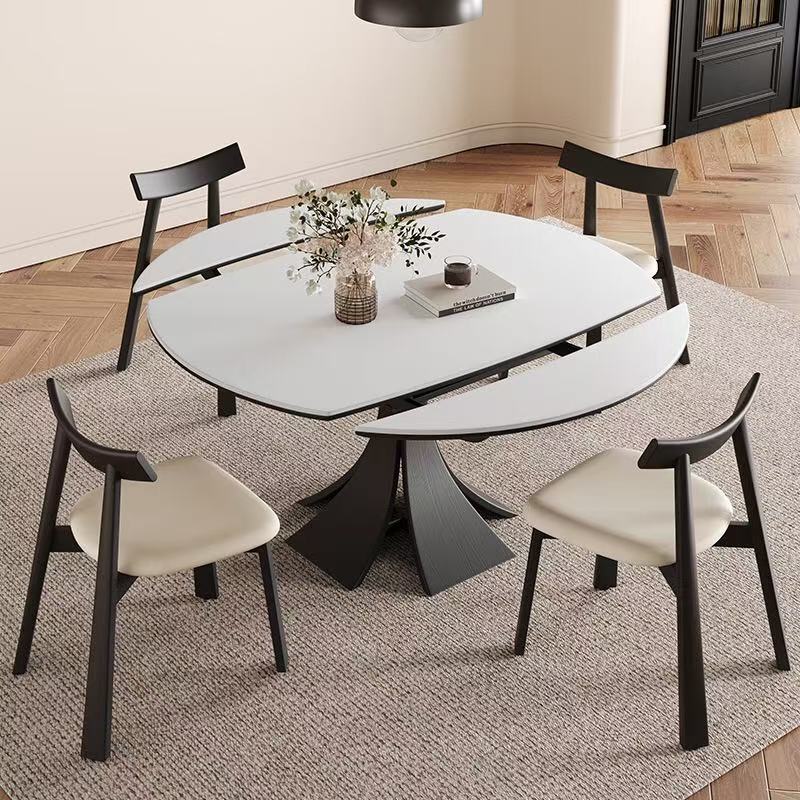 Mesa de comedor de tablero de roca retráctil redonda retro francesa, hogar blanco, apartamento pequeño, mesa de comedor de madera maciza delgada de lujo ligero italiano