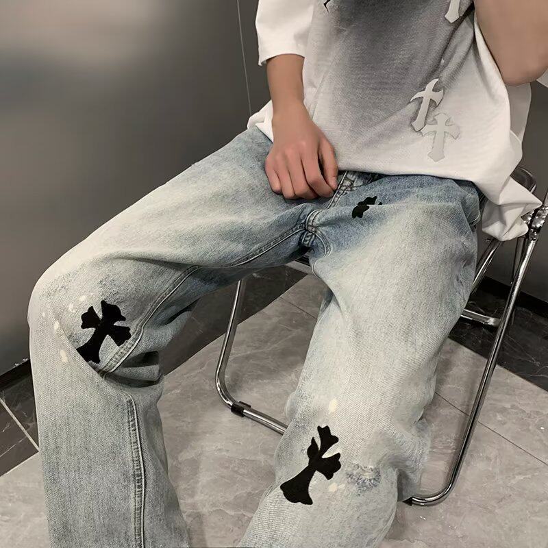 American retro Chrome Hearts cross jeans men's trendy brand washed distressed loose straight leg vibe style long pants