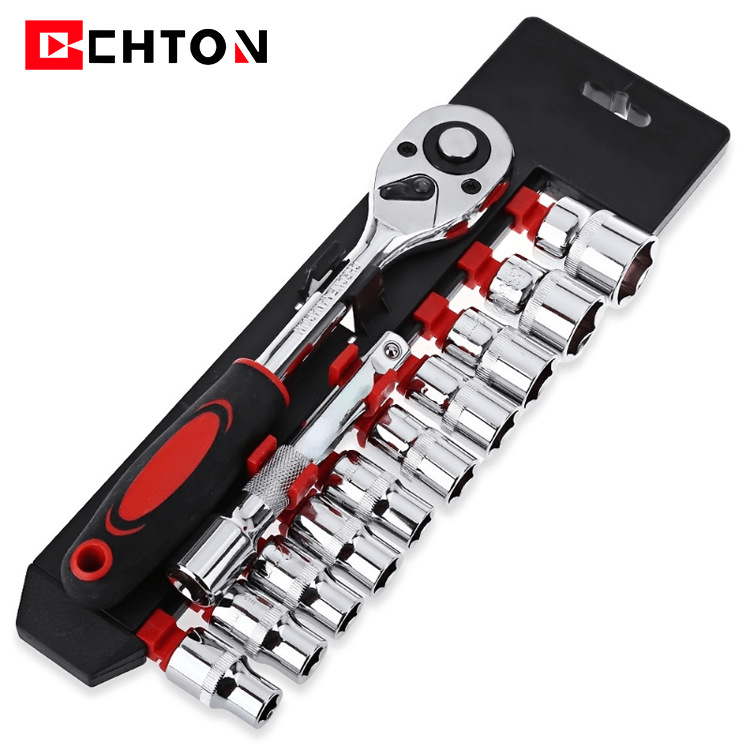 12件套挂架铬钒钢汽修大飞棘轮扳手两用扳手接杆蓝带套筒工具套装