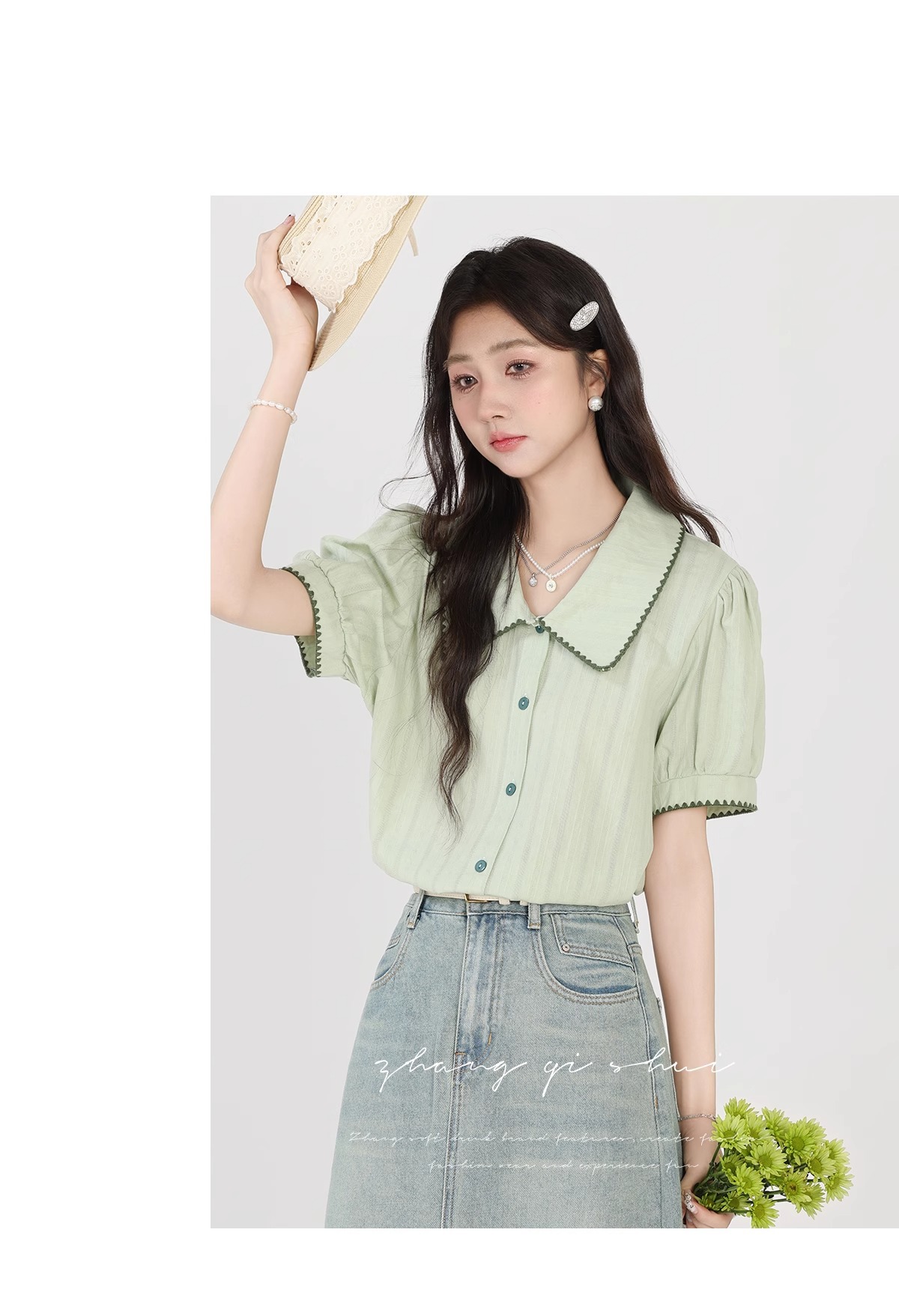 Áo sơ mi nữ cotton ngắn tay cổ búp bê xanh nhạt phong cách mới mùa hè — Màu xanh lục nhạt chi tiết 7
