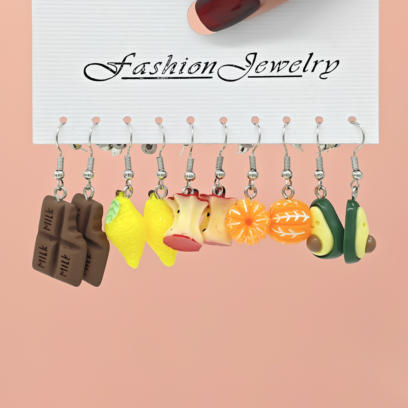 Aretes de resina de frutas y comida, 10 piezas