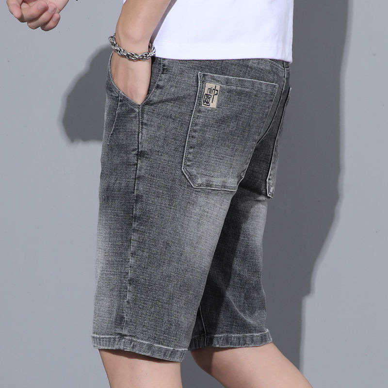 Stretch denim shorts heren dunne, trendy, veelzijdige borduurwerk cropped zachte paardenbroek zomer_voghion.com