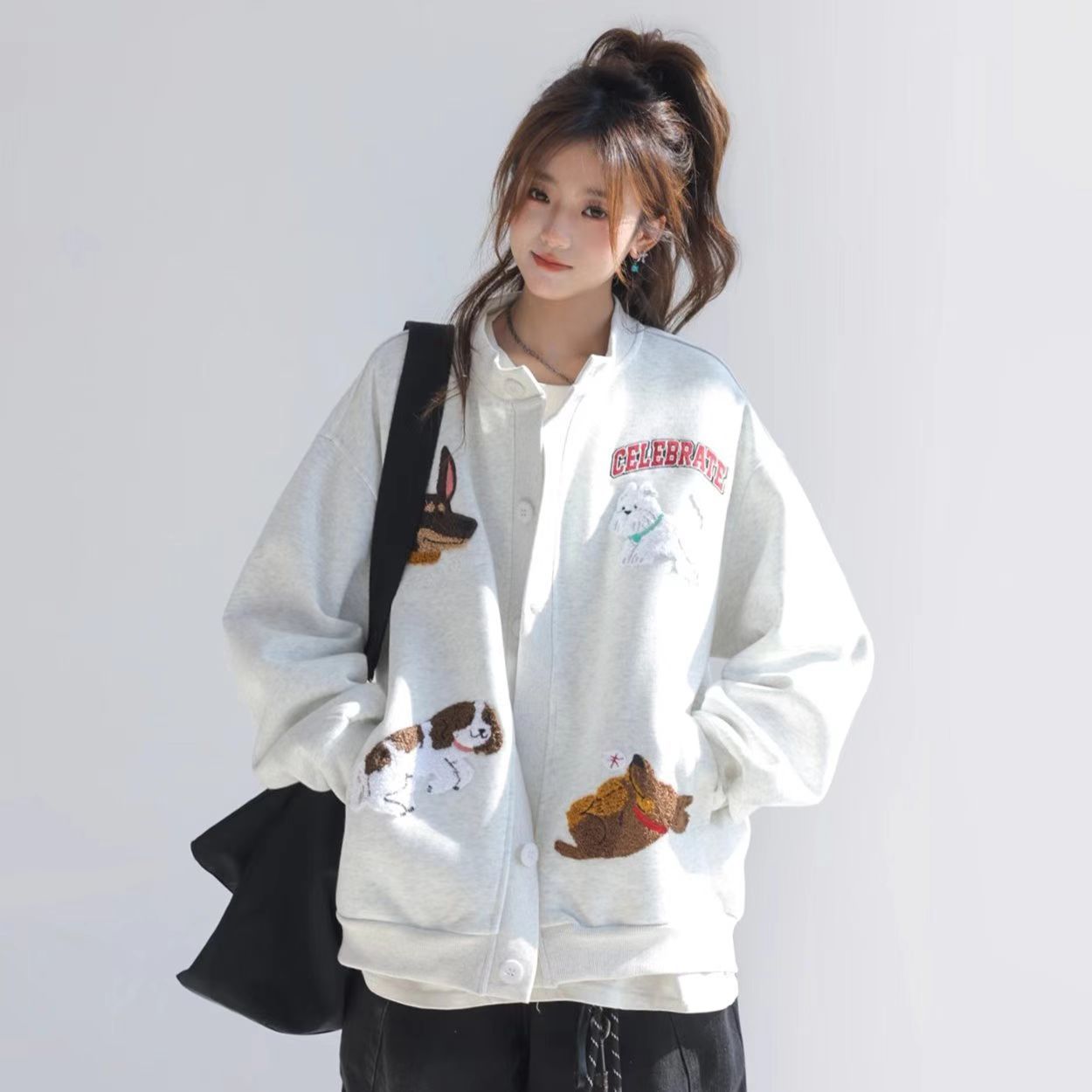 【原版毛巾绣 袖窿 后包领】纯棉华棉复合宽松开衫女式卫衣外套冬