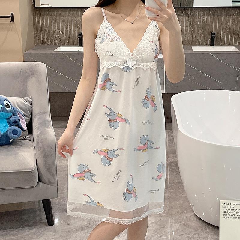 Pijamas de verano malla de hielo seda camisón chica dulce corte estilo grúa cuello en V manga corta vestido MIDI casa delgada