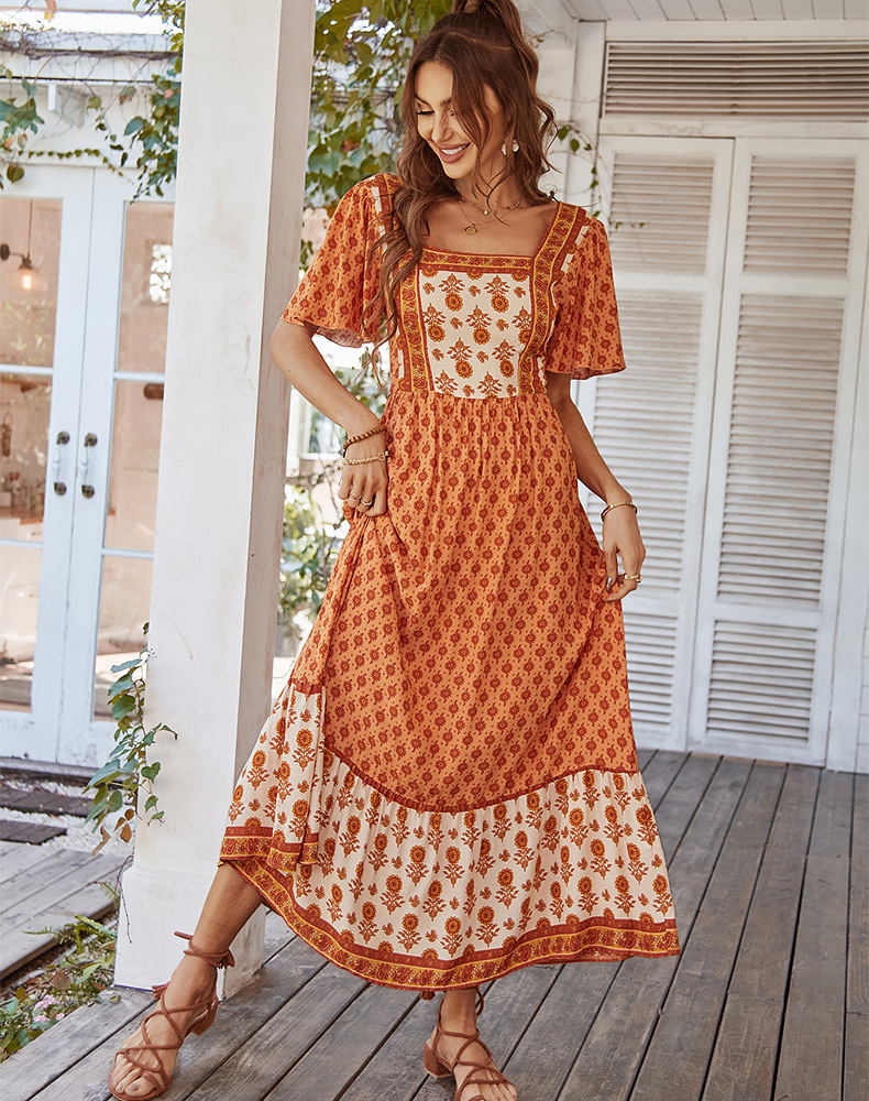 Regular Sleeve Sleeve Type High Waist Waist Line Bohemian Style Square Collar Short Sleeve Dress Multi Colors