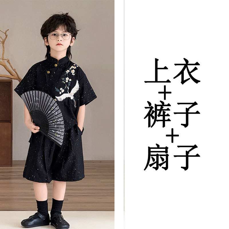 2025 ホットスタイル男の子唐スーツ半袖スーツ黒底鶴花刺繍ショーツ漢服ワンピースドロップシッピング|undefined