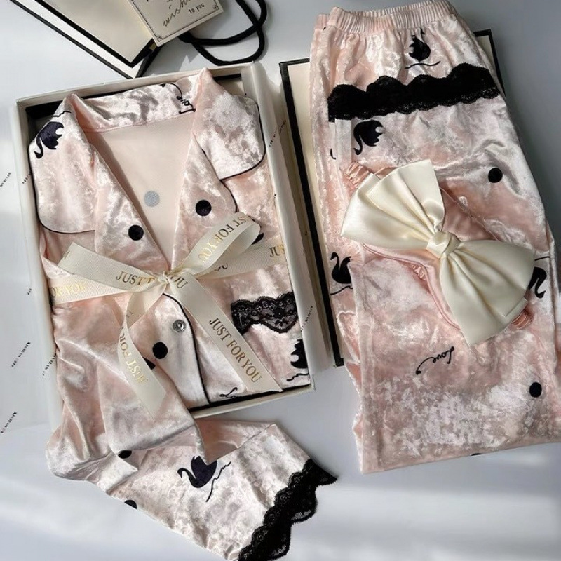 【金丝绒黑天鹅】法式天鹅睡衣女秋冬金钻绒睡衣蕾丝花边丝绒套|undefined