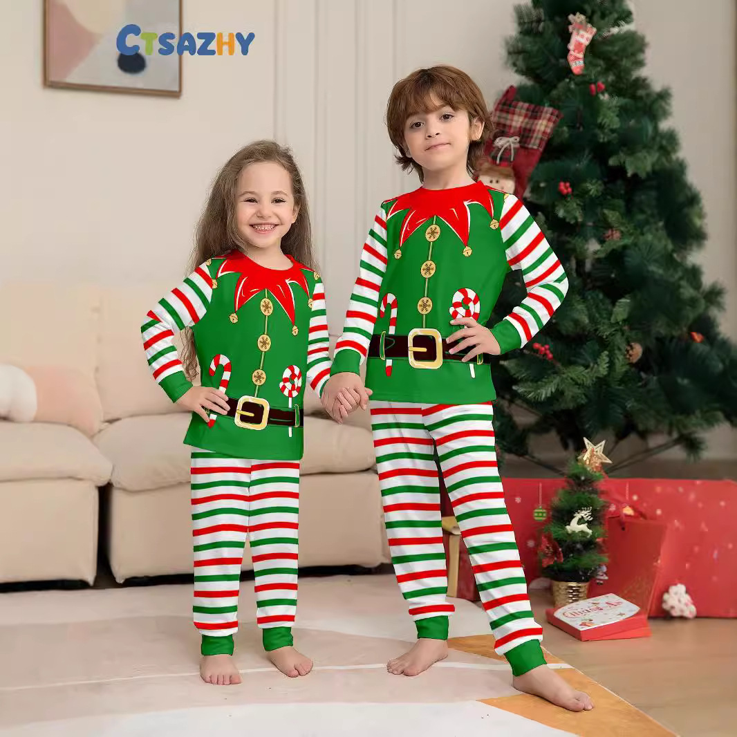 Christmas Candy cane button striped Christmas family suit printed home dress pajamas_viptrois.com
